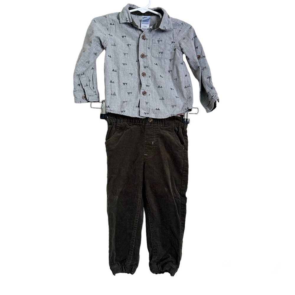 Little Lad Mountain Button Down Shirt With Green Corduroy Pants Outfit